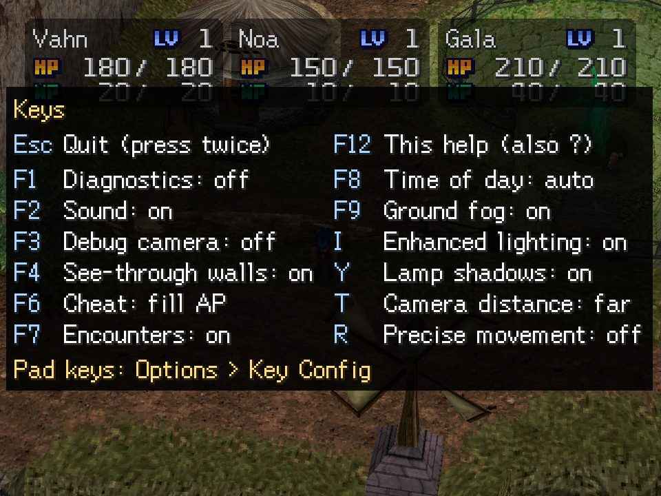 The native window with the F12 panel open, listing every toggle key with its current state