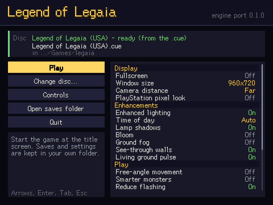 The launcher: a disc card saying Legend of Legaia (USA) is ready, the Play, Change disc, Controls, Open saves folder and Quit buttons with a help box, and the grouped option list with its scroll bar - Display (fullscreen, window size, camera distance, PlayStation pixel look), Enhancements (enhanced lighting, time of day, lamp shadows, bloom, ground fog, see-through walls, living ground pulse) and Play (free-angle movement, smarter monsters, reduce flashing)