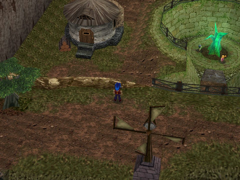 The native port in Rim Elm: Vahn on the village path between a house, the windmill and the Genesis Tree