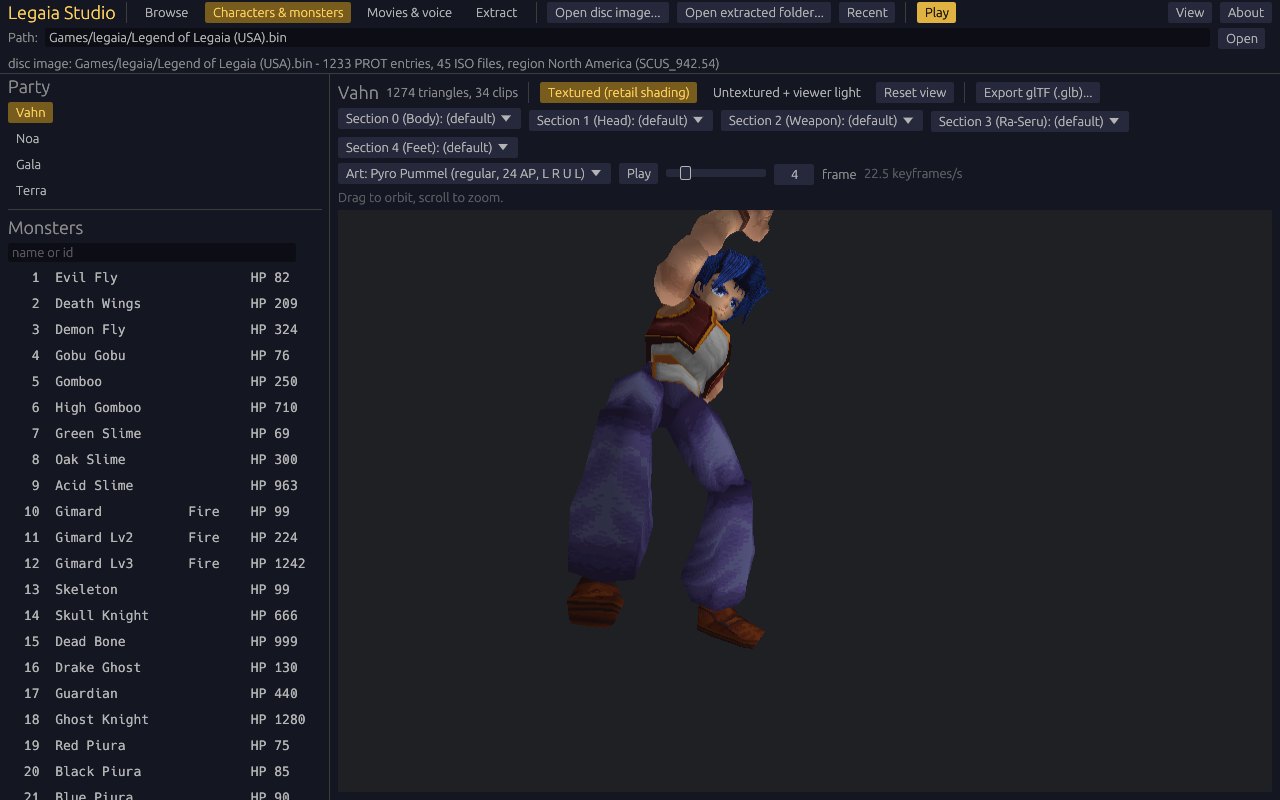 The Characters & monsters view: the party and monster lists on the left, Vahn in battle form partway through his Pyro Pummel art on the right, with the equipment pickers, the clip picker and the frame slider