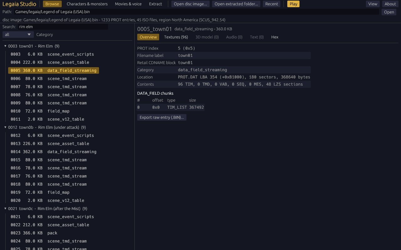 The Browse view filtered by the search rim elm: the archive tree lists the Rim Elm scene blocks with their entries, categories and sizes, and the selected entry's Overview on the right