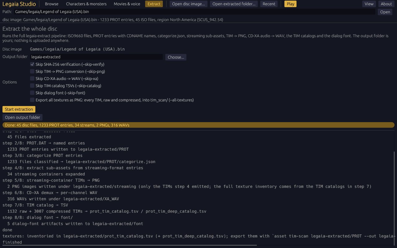 The Extract tab after a finished run: output folder, skip options, a full progress bar, the step-by-step log and an Open output folder button