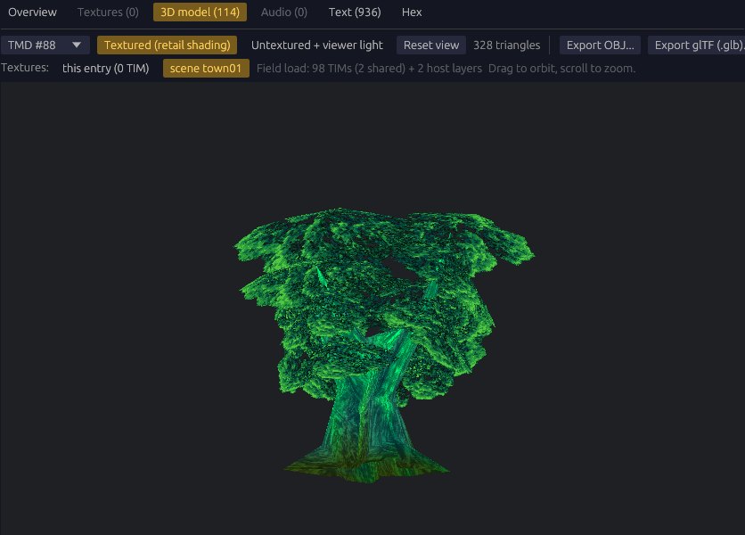 The 3D model tab showing a textured Rim Elm tree, drawn with the textures its scene loads