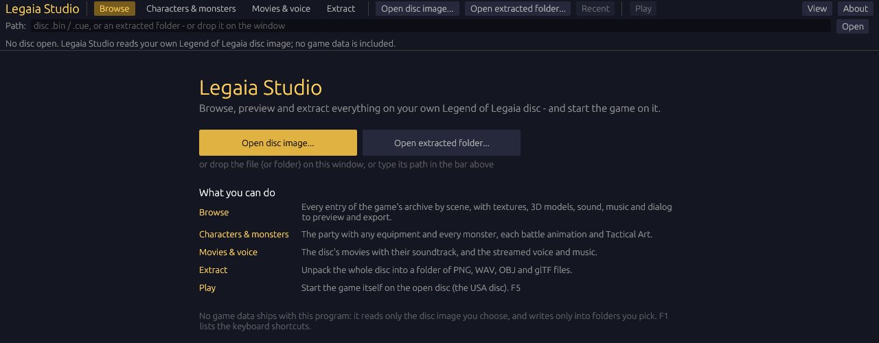 Legaia Studio's start page: the title, a gold Open disc image button beside Open extracted folder, and a list of what each view does