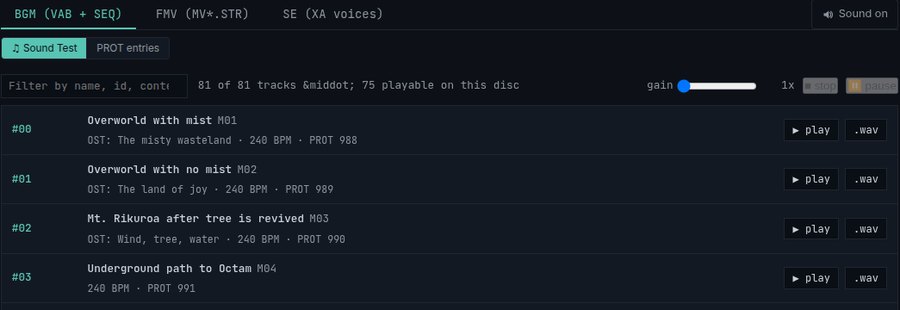 The sound-test track list with play controls