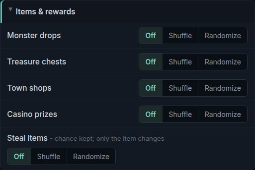 Randomizer options: drops, chests, and shops set to shuffle or randomize